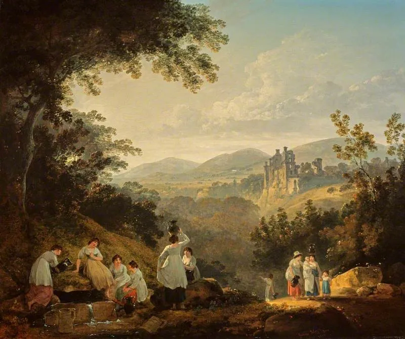 View of Rosslyn Castle from the grounds of Sheriff Clerk (Mavisbank), by Julius Caesar Ibbetson, oil, 1803