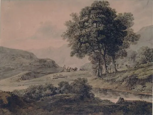 Landscape with stream, cattle and figures, by Julius Caesar Ibbetson, the elder