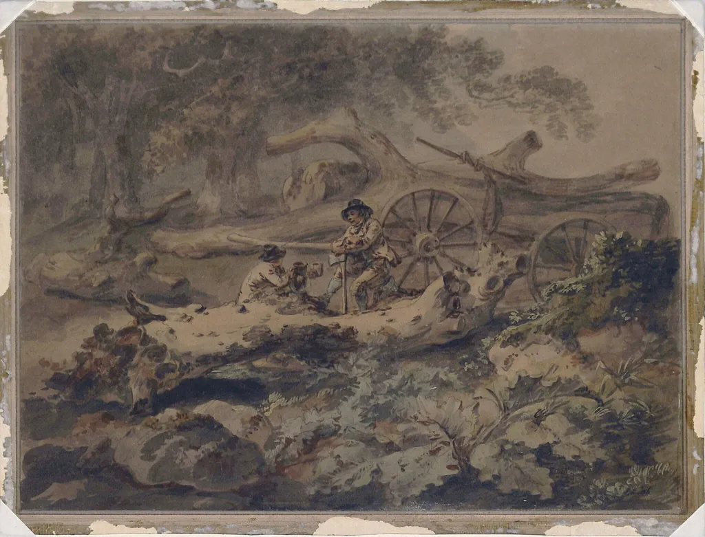 Landscape with timber wagon and wood cutters resting, by Julius Caesar Ibbetson, the elder, watercolor, 1775