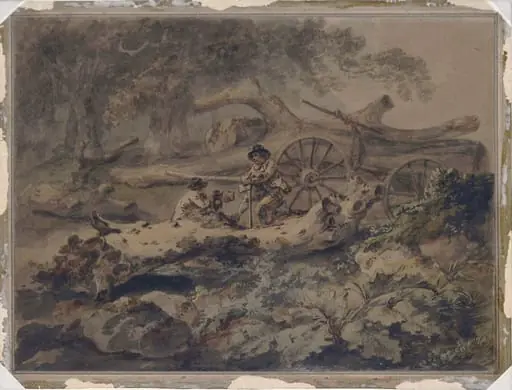 Landscape with timber wagon and wood cutters resting, by Julius Caesar Ibbetson, the elder