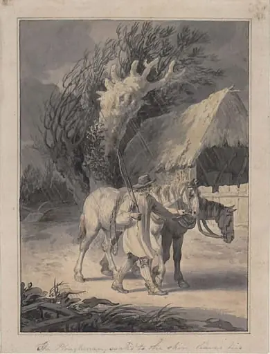 Ploughman leading his horses home in rain, by Julius Caesar Ibbetson, the elder
