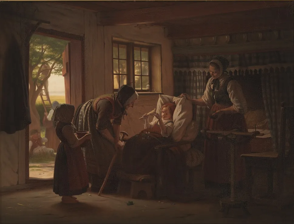Grandmother's visit to the little Convalescent, by Julius Exner, oil, 1867