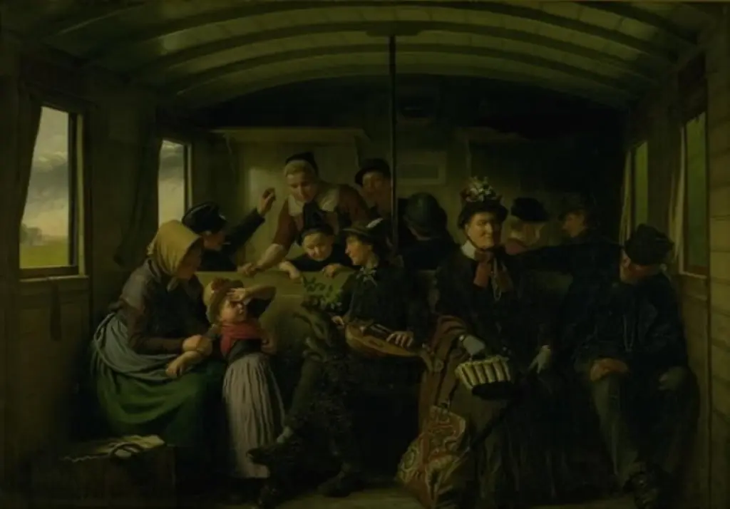 I en tredieklasses jernbanekupé, by Julius Exner