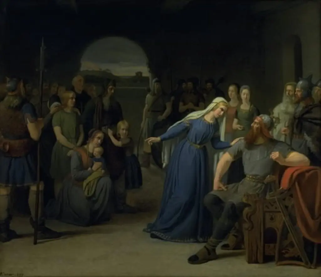 The Danish Queen Thyra Danebod Trying to Soften the Heart of her Husband, Gorm the Old, towards some Christian Captives, by Julius Exner