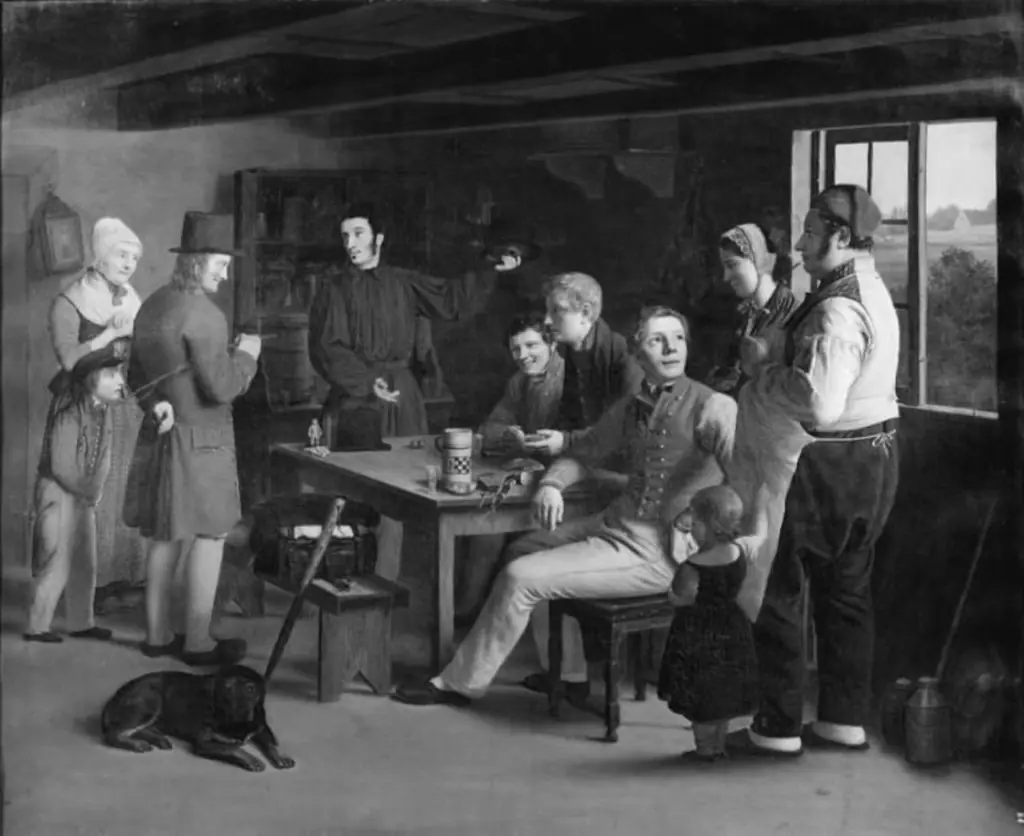 En taskenspiller som foreviser kunster i en krostue, by Julius Friedlænder