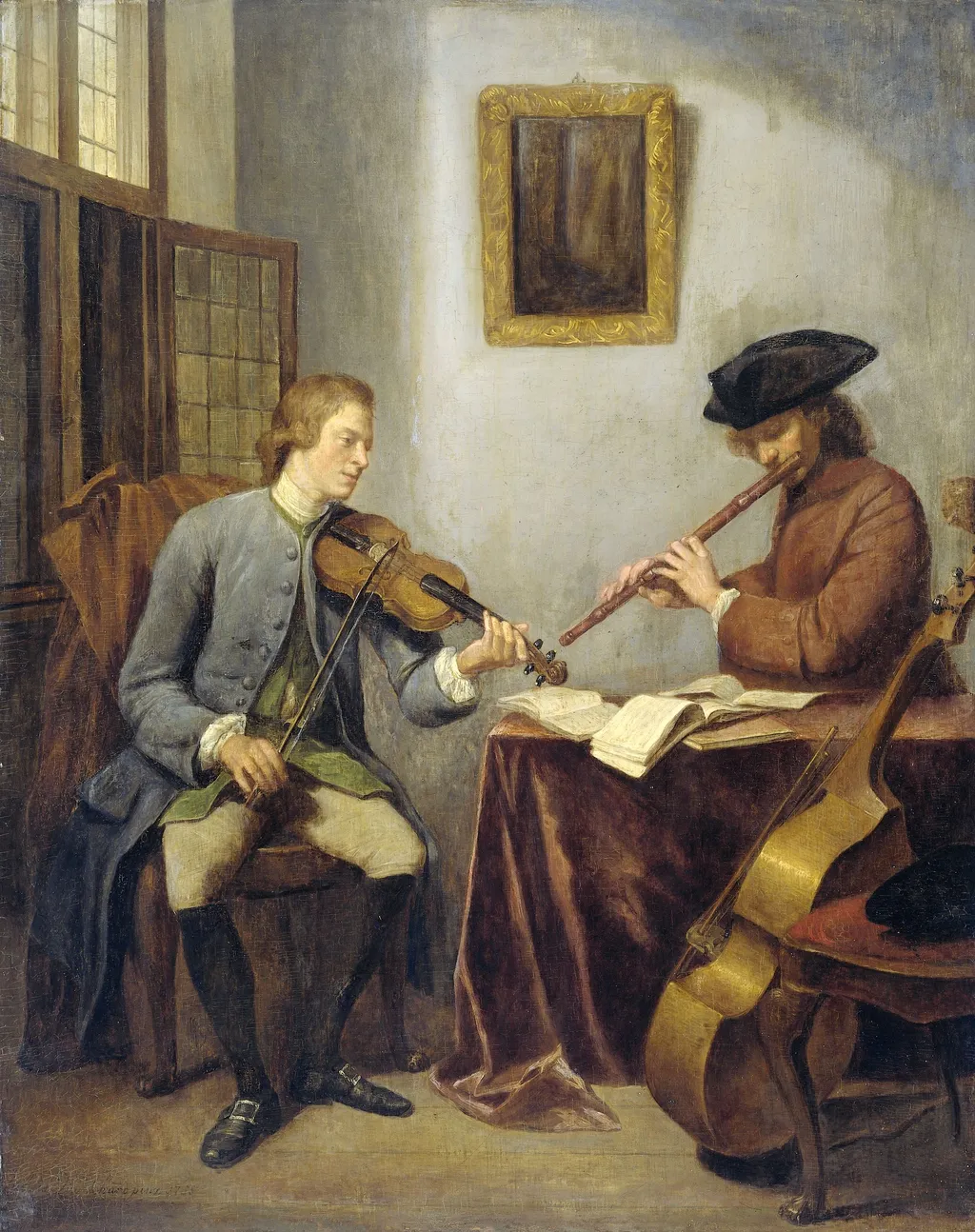 A Violinist and a Flutist Playing Music together (The Musicians), by Julius Henricus Quinkhard, oil, 1755