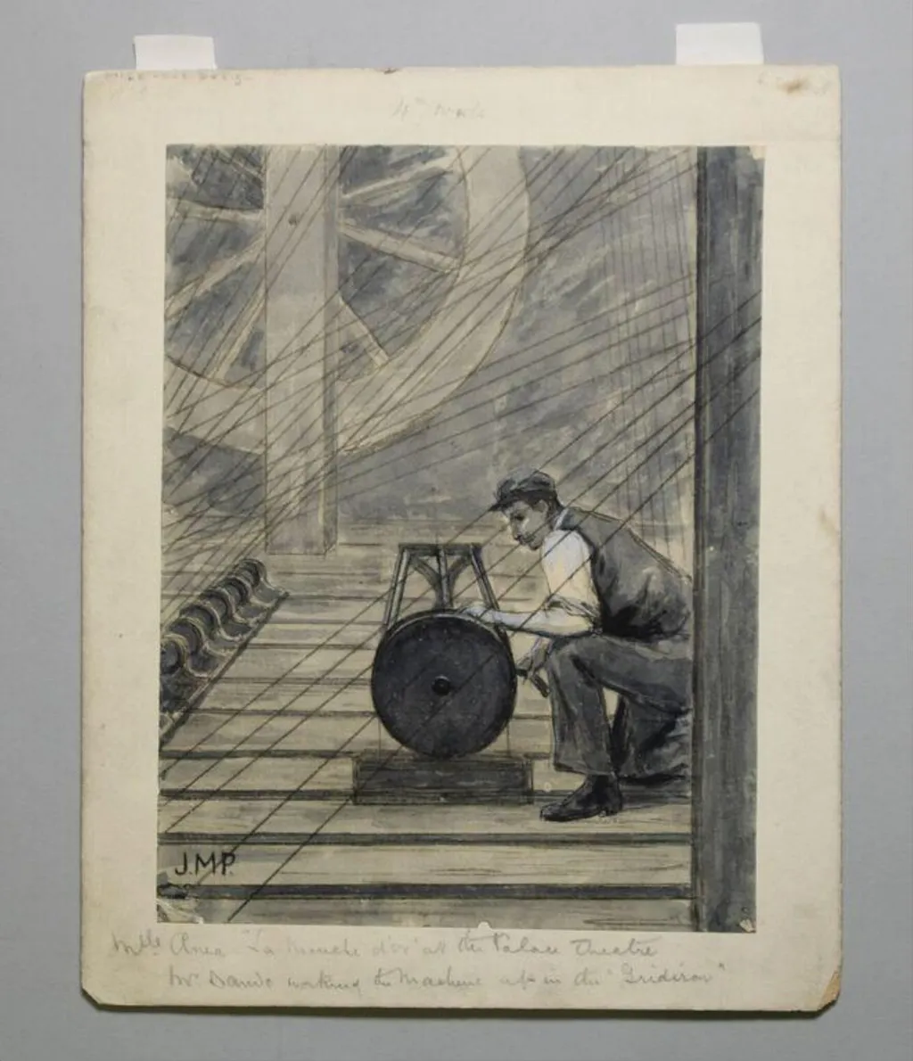 Mlle. Aenea at the Palace Theatre. Mr. Dando working the machine up in the gridiron, by Julius Mendes Price, watercolor, 1894