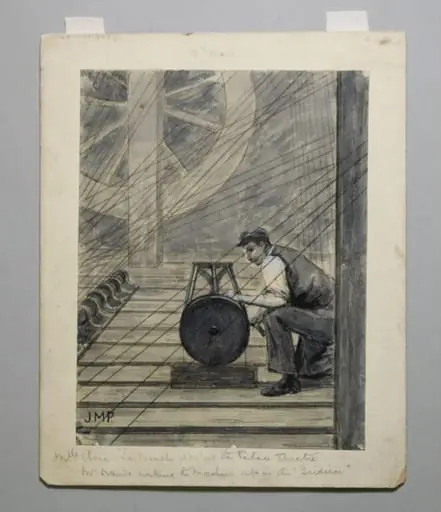 Mlle. Aenea at the Palace Theatre. Mr. Dando working the machine up in the gridiron, by Julius Mendes Price