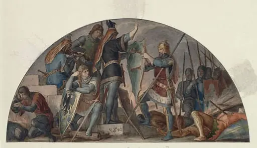 Rudiger gives his shield to Hagen, by Julius Schnorr von Carolsfeld
