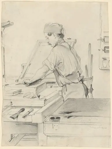 Self-Portrait Working at a Lithographic Press, by Julius the Elder Adam