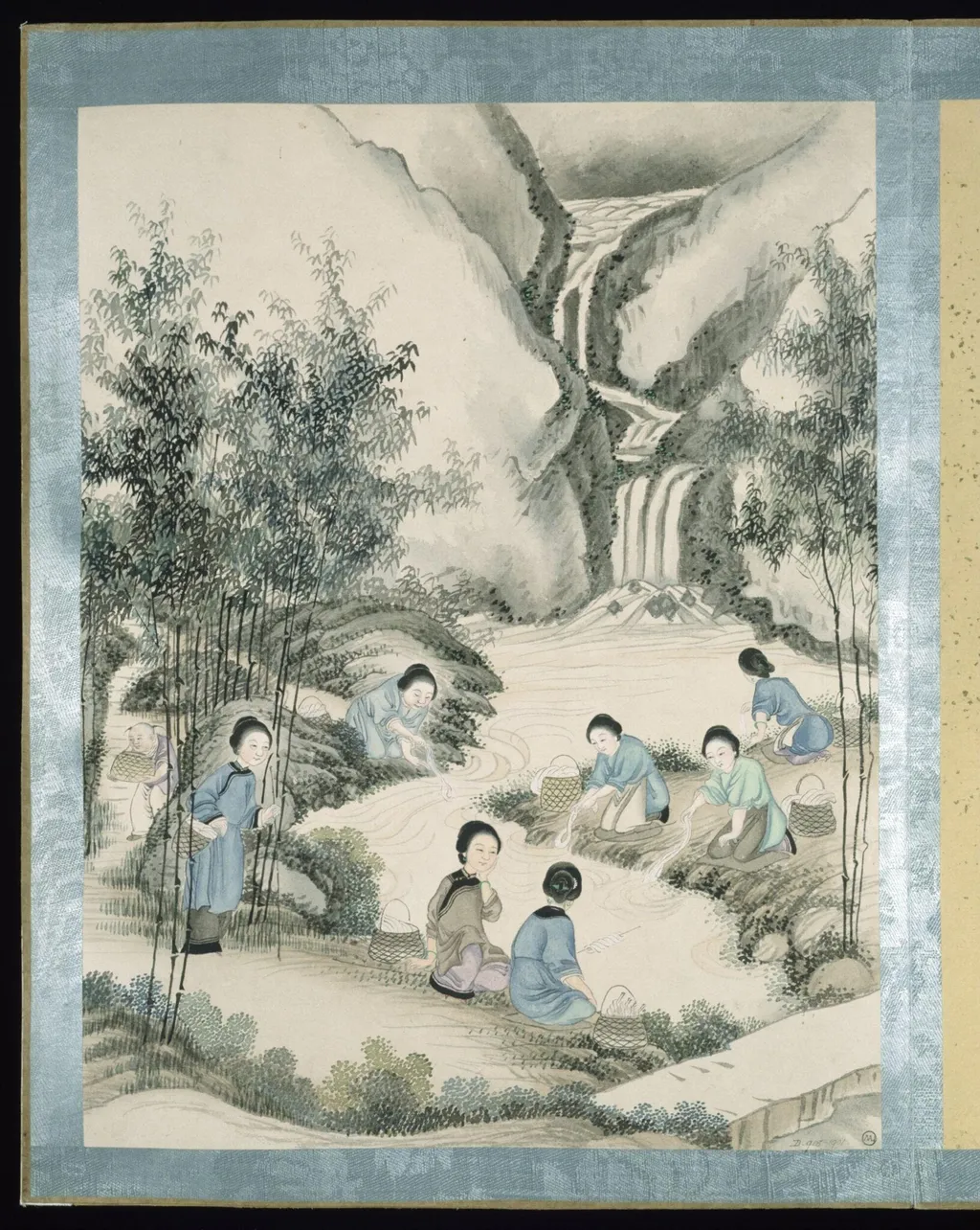Rinsing silk threads in river, by Jun Wu, paint, 1880