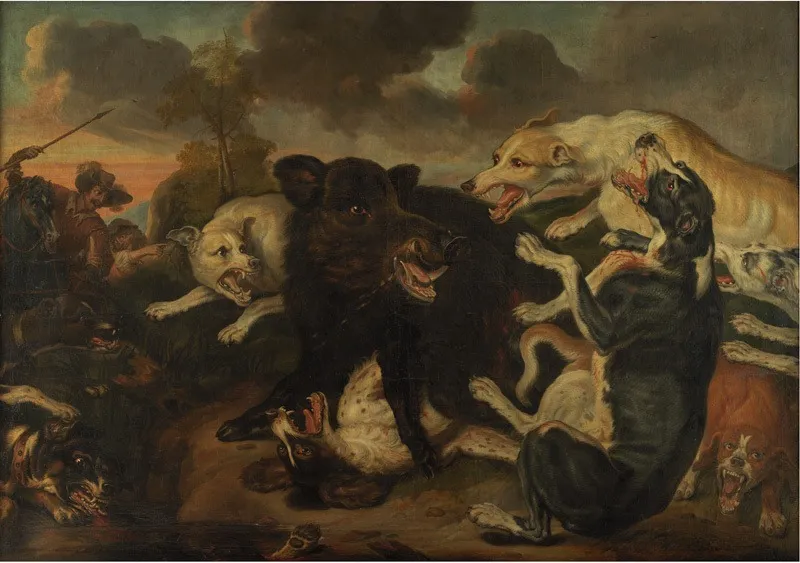 A Boar Hunt, by Juriaen Jacobsze, oil