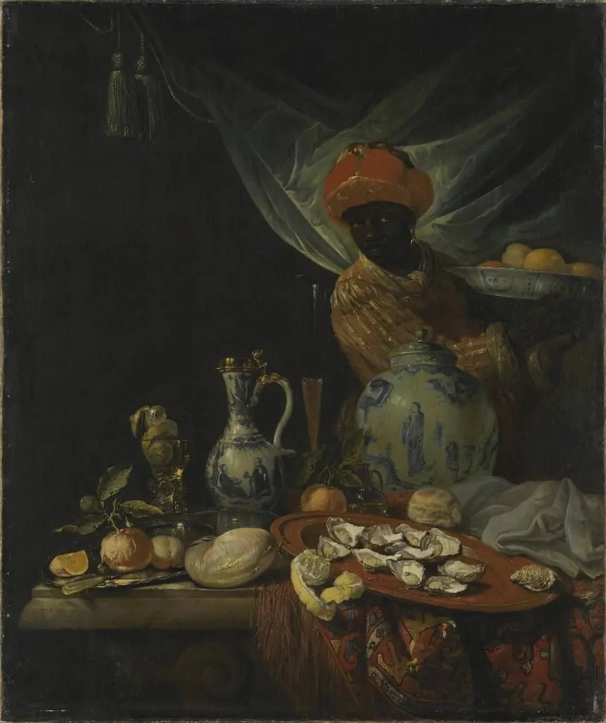 Still life with porcelain vessels and a servant, by Juriaen van Streeck