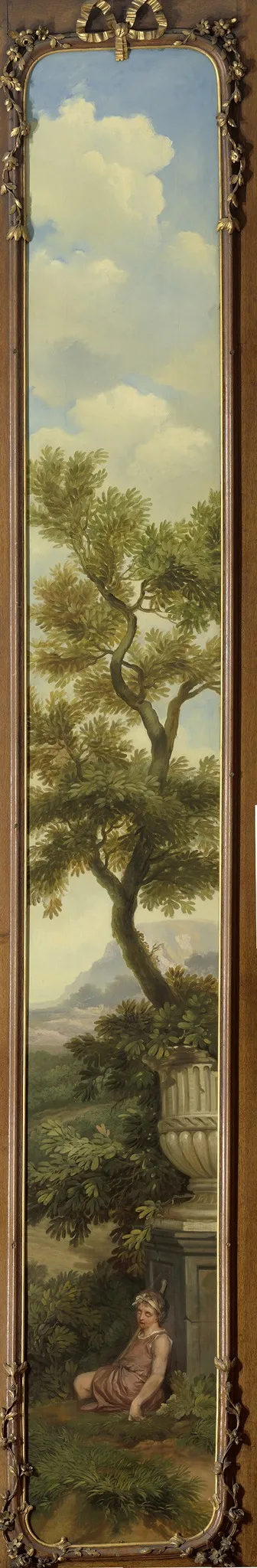 Arcadisch landschap met een slapende jongen onder een boom
