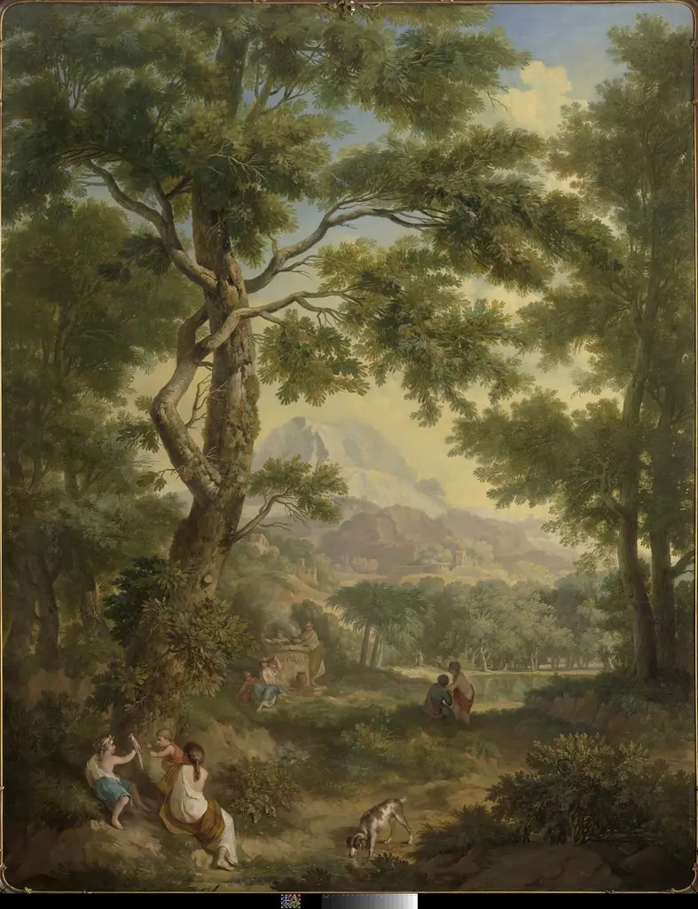 Arcadisch landschap met linksvoor kinderen met een vogel en een hond, by Jurriaen Andriessen