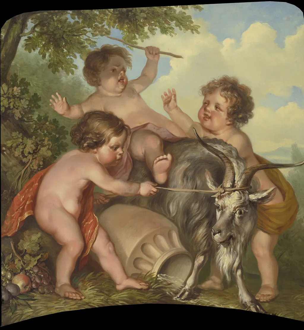 Drie kinderen spelend met een bok, by Jurriaen Andriessen, oil, 1771