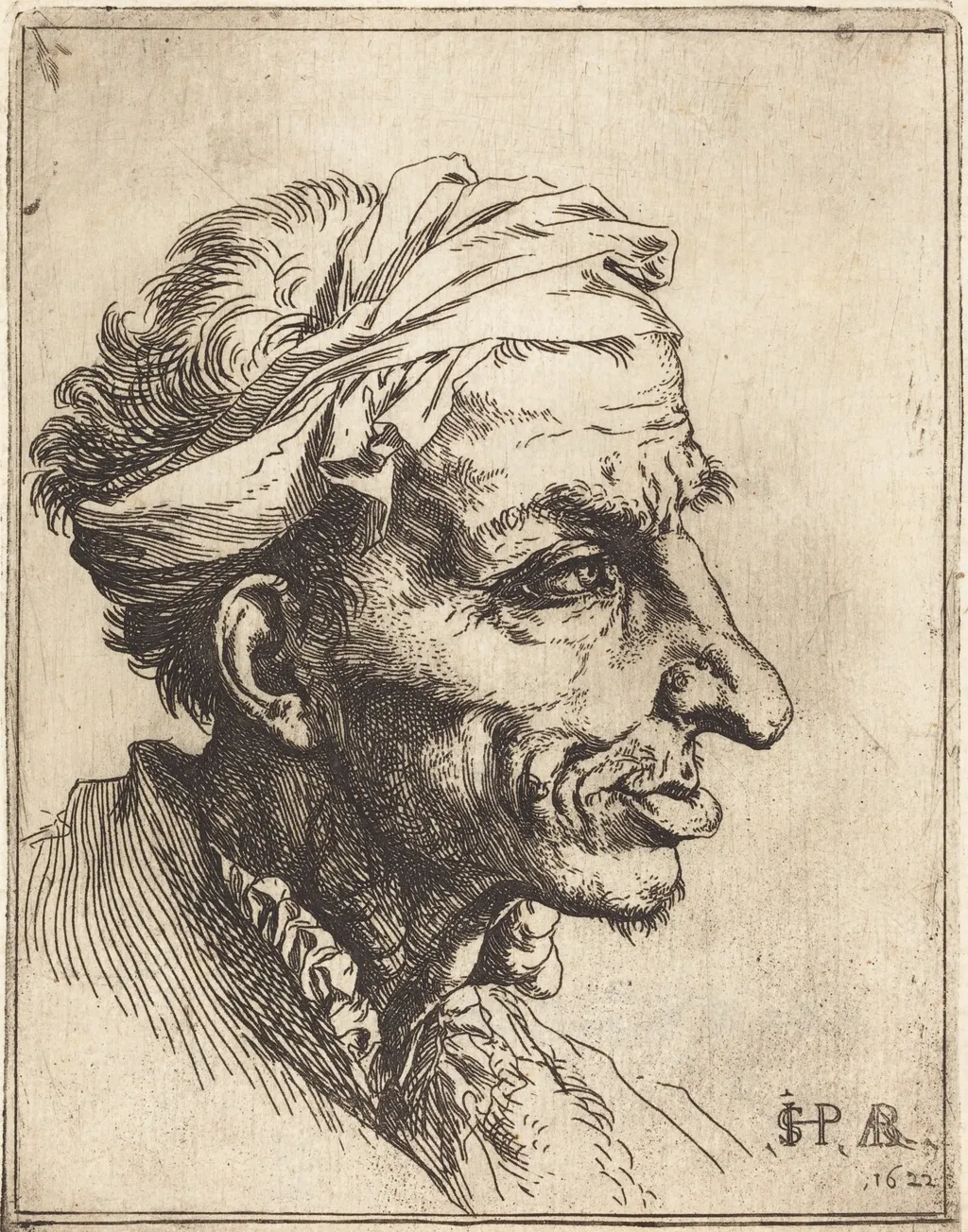 Small Grotesque Head, by Jusepe de Ribera, ink, 1622