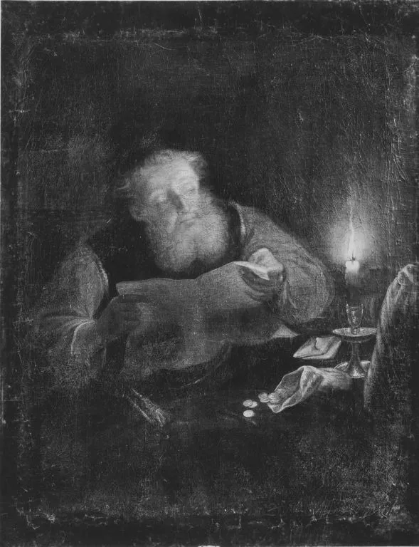 An old money-lender reading by candle-light, by Justus van Bentum, oil, 1700