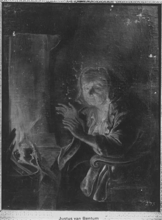 Old woman warming her hands at a fireplace, by Justus van Bentum, oil, 1700