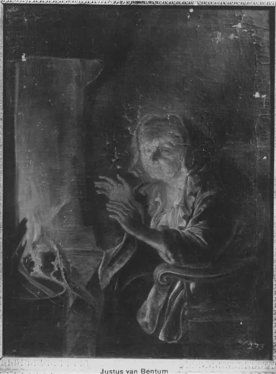 Old woman warming her hands at a fireplace, by Justus van Bentum