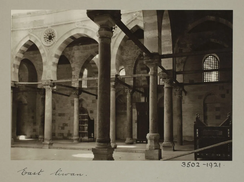 Qibla iwan and courtyard in the mosque of Qadi Yahya Zayn al-Din (Habbaniyya), Cairo, by K.A.C. Creswell, photographic, 1918