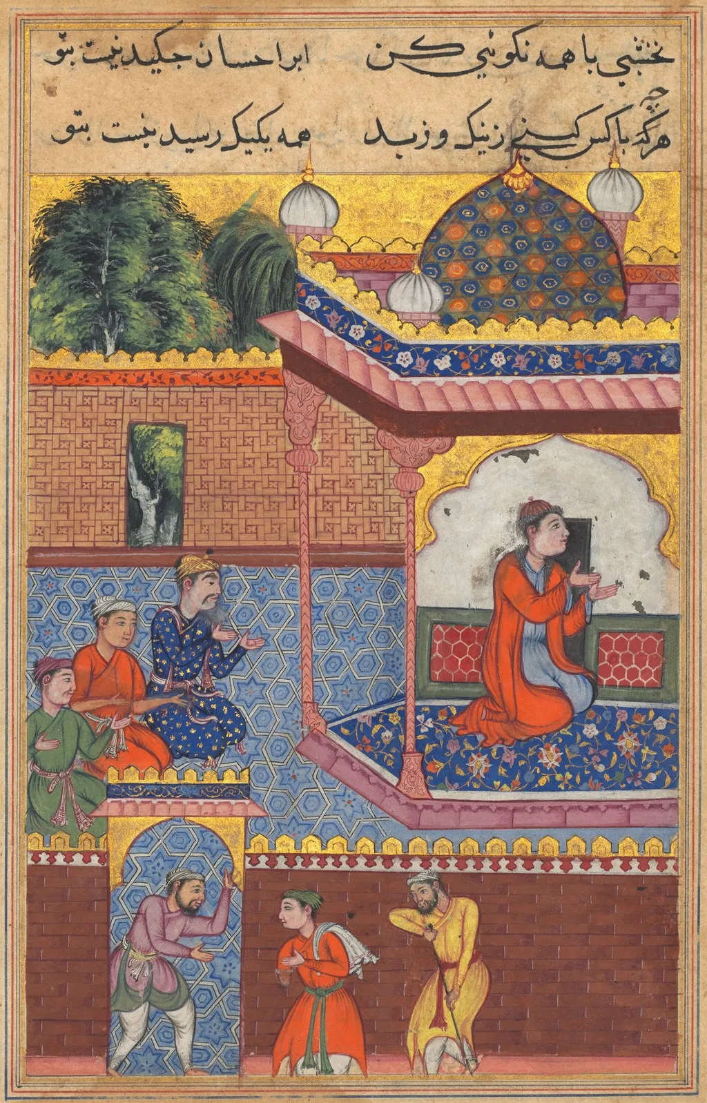 Kaiwan, Latif, and Sharif arrive at a house of worship, where they seek help from Khurshid who has become a mystical healer, from a Tuti-Nama (Tales of a Parrot): Thirty-second Night, unspecified, 1560