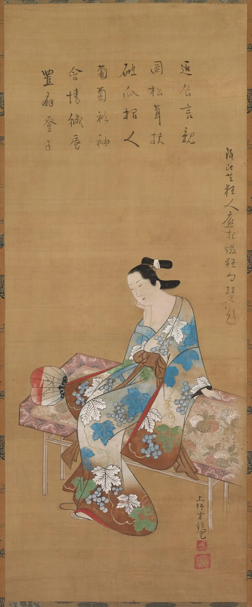 Courtesan Seated on a Bench Enjoying the Evening Cool in Summer, by Kamigaki Hōryū, unspecified, 1742