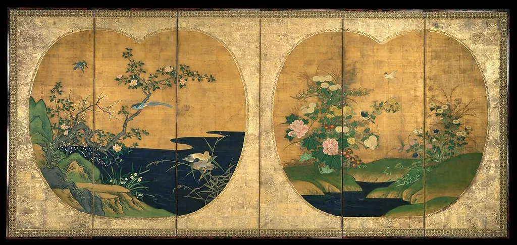 狩野周信筆 秋冬花鳥図屏風|Birds and Flowers of Autumn and Winter, by Kano Chikanobu, ink, 1716