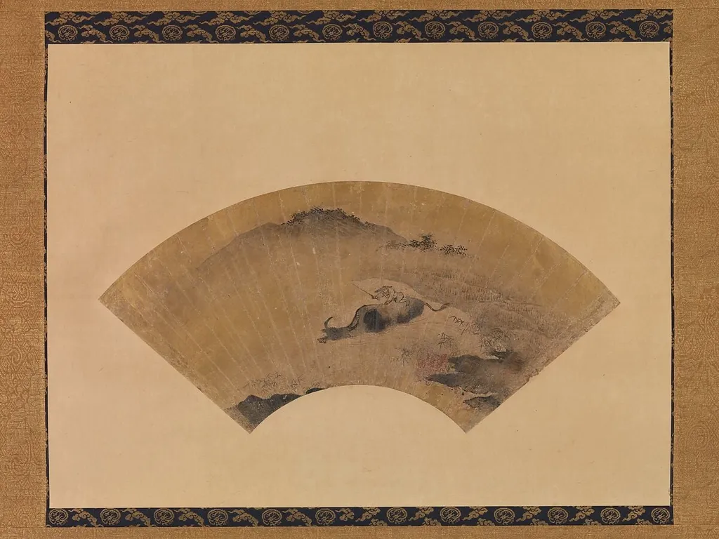 牧童図扇面|Herd Boy with Ox, by Kano Masanobu 狩野正信, ink, 1483