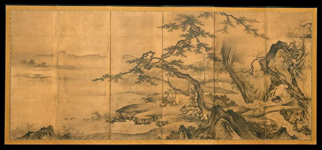 琴棋書画図屏風|The Four Accomplishments, by Kano Motonobu, ink, 1550