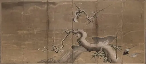 Winter Scene with Plum Trees and Pheasants (Birds Left), by Kano Naonobu