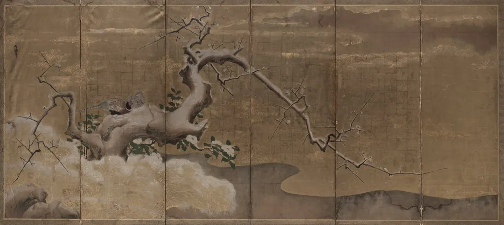 Winter Scene with Plum Trees and Pheasants (Birds Right), by Kano Naonobu, unspecified, 1604