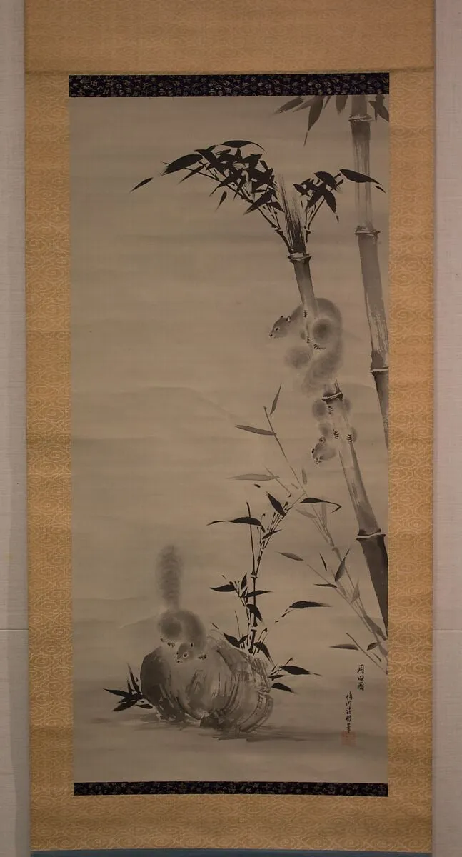竹に栗鼠図|Squirrels on Bamboo and Rock, by Kano Osanobu, ink, 1824