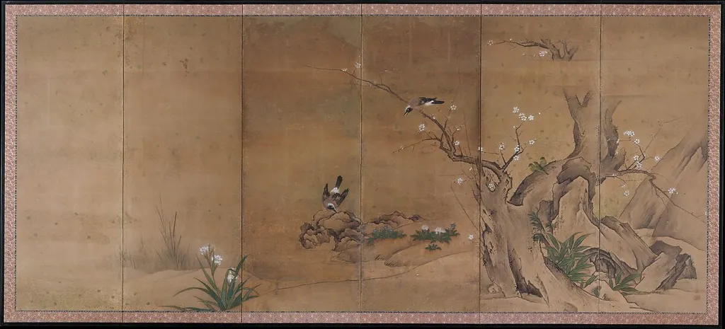 狩野山卜筆四季花鳥図屏風|Birds and Flowers of the Four Seasons, by Kano Sanboku, ink, 1683