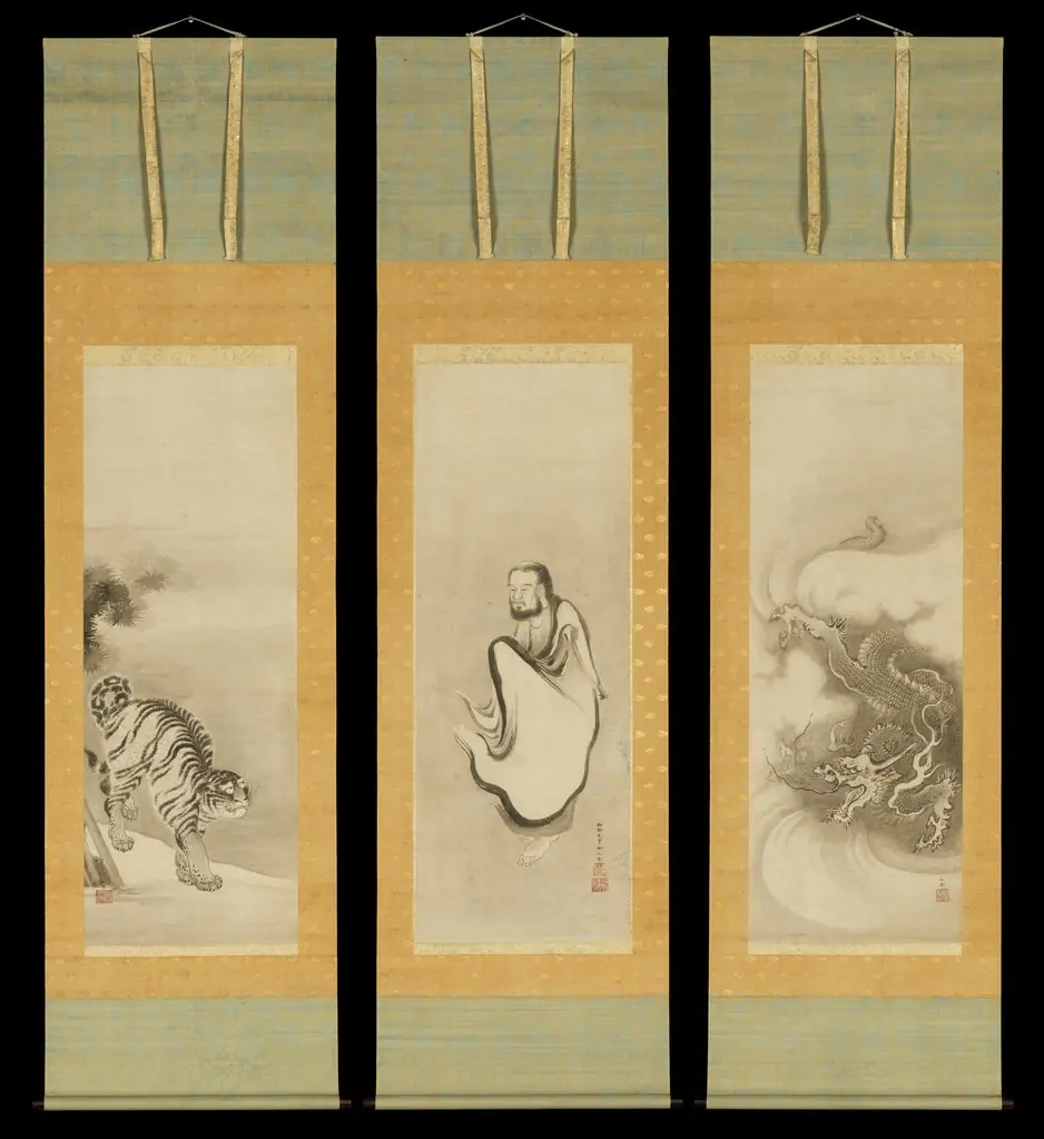 Shakyamuni Emerging from the Mountains, with Dragon and Tiger, by Kano Sansetsu