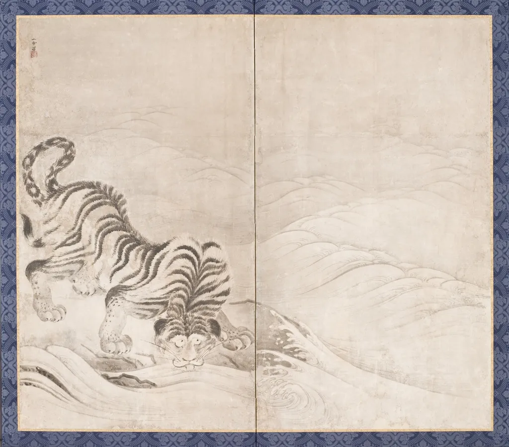 Tiger Drinking from a Raging River, by Kano Sansetsu, unspecified, 1640