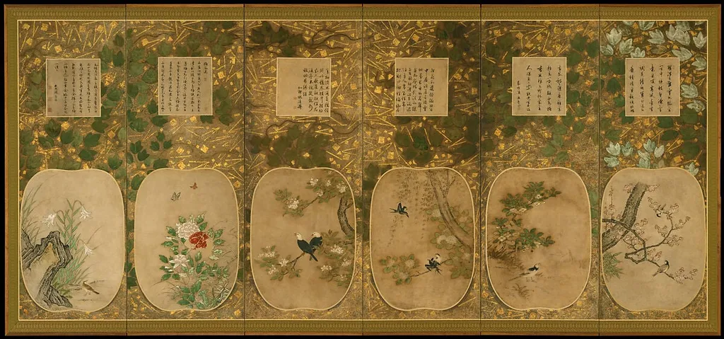 十二ヶ月花鳥図書画挿絵貼屏風|Birds and Flowers of the Twelve Months with Chinese Calligraphy, by Kano School, ink, 1550