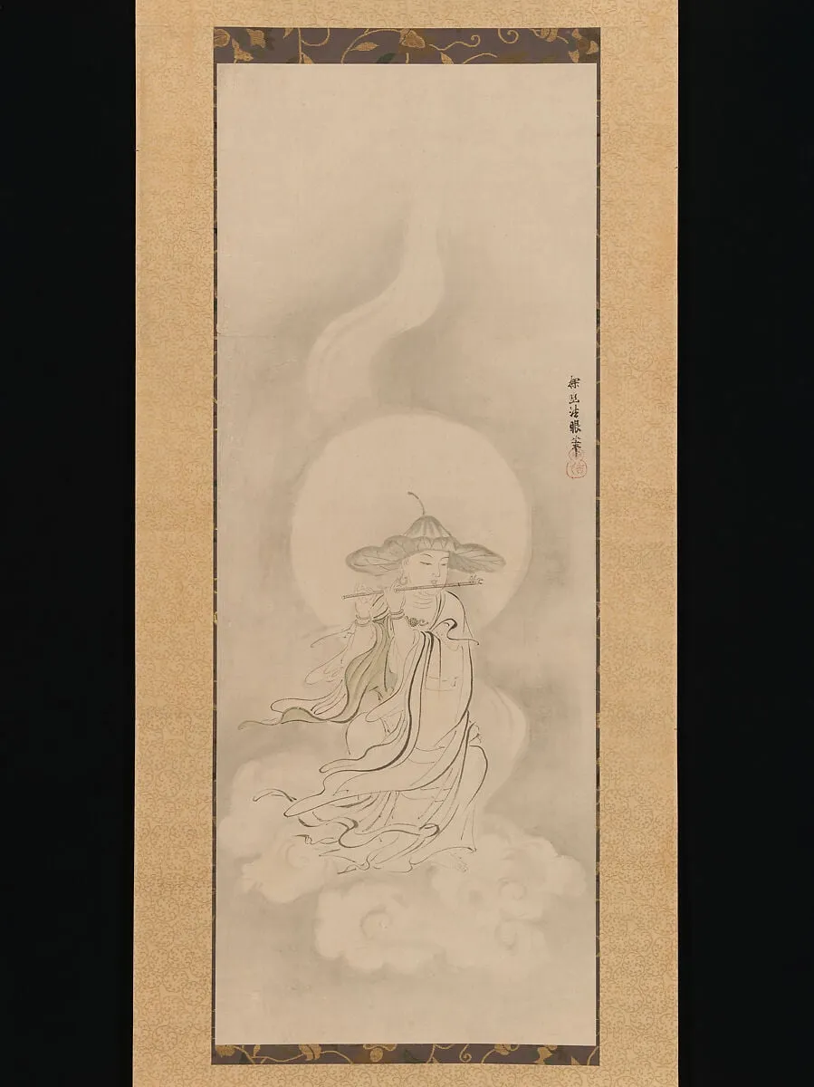 狩野探幽筆 笛吹地蔵図|Jizō Bosatsu Playing a Flute, by Kano Tan'yū, ink, 1650