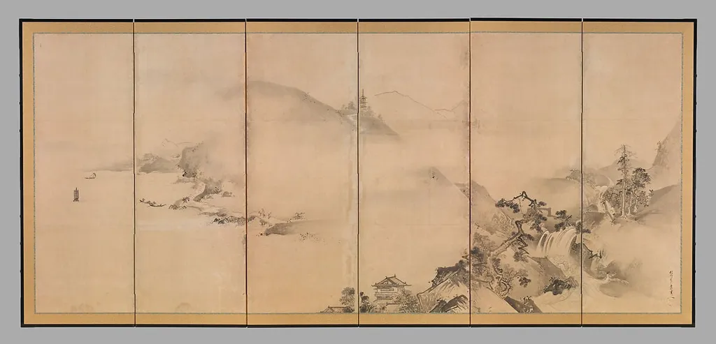 四季山水図屏風|Landscapes of the Four Seasons, by Kano Tan'yū, ink, 1634
