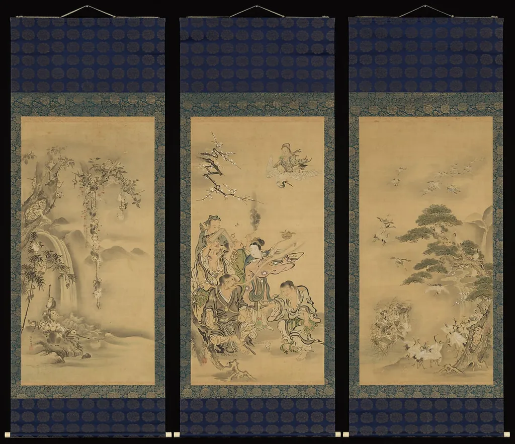 八仙猿鶴図|Eight Daoist Immortals, Cranes, and Gibbons, by Kano Tanshin (Morimasa) 狩野探信, ink, 1685
