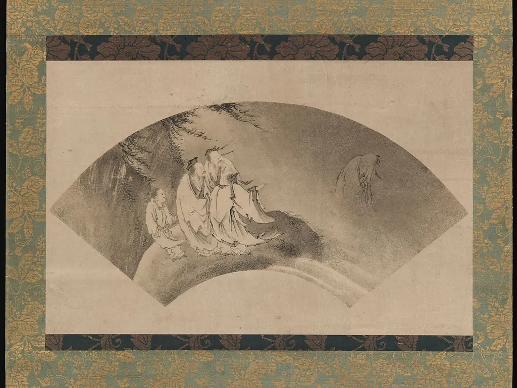列子御風図扇面 (Resshi gyofū zu senmen)|The Daoist Immortal Liezi Flying on a Cloud, by Kano Yukinobu 狩野之信, ink, 1544