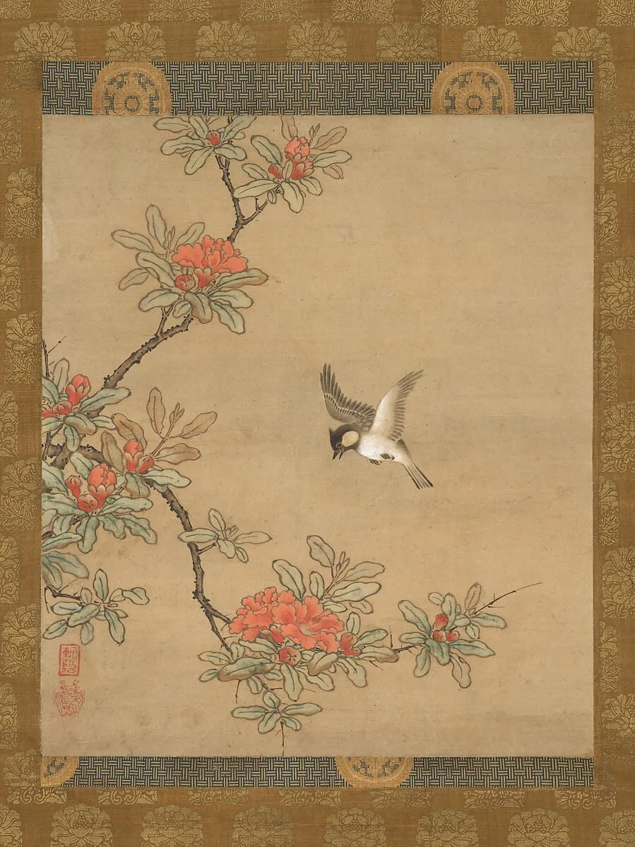 狩野之信筆 四十雀柘榴花図|Titmouse with Pomegranate Flowers, by Kano Yukinobu 狩野之信, ink, 1550
