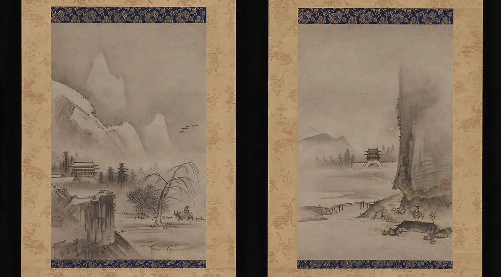鑑貞筆 瀟湘八景中の二景図|Two Views from the Eight Views of the Xiao and Xiang Rivers, by Kantei, ink, 1516