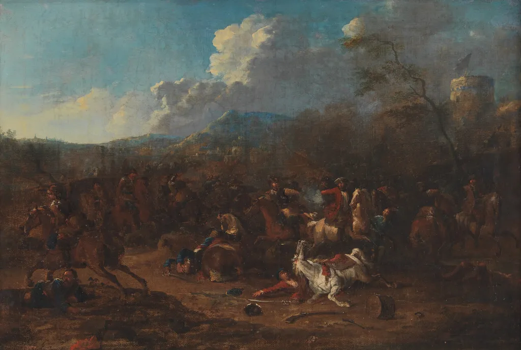 Cavalry Skirmish at a Fortress, by Karel Breydel, oil, 1713