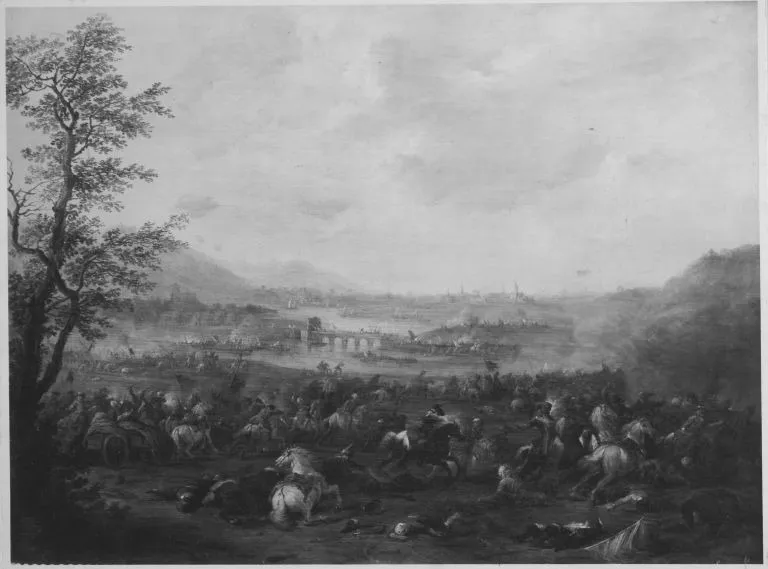 Gefecht am Ufer eines Flusses, by Karel Breydel, unspecified, 1705
