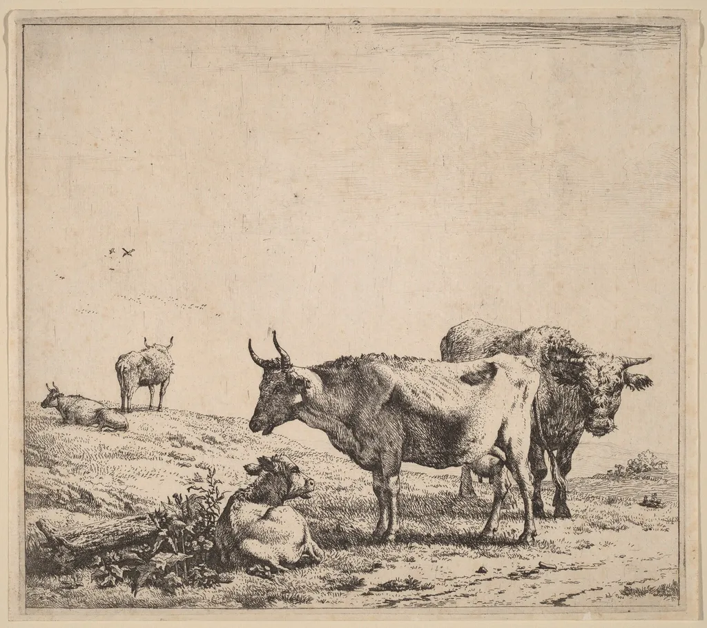 Cow, Bull and Calf, by Karel Dujardin, ink, 1650