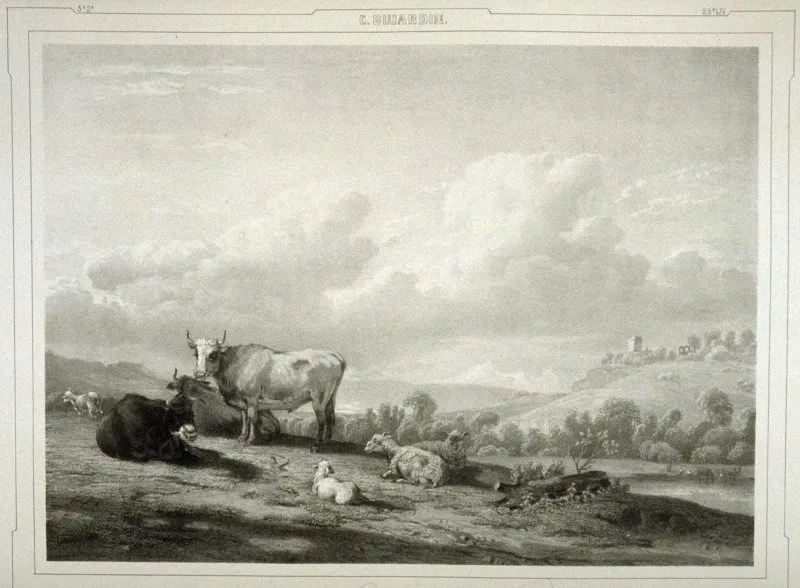 Farm animals at pasture, by Karel Dujardin, oil, 1650