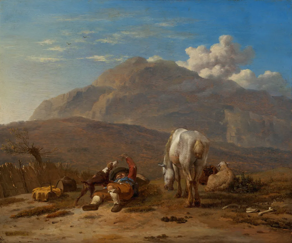Italian Landscape with a Young Shepherd Playing with his Dog, by Karel Dujardin, oil, 1660