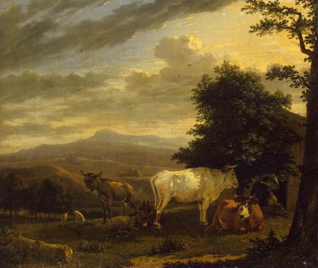 Landscape with Cattle, by Karel Dujardin, oil, 1650