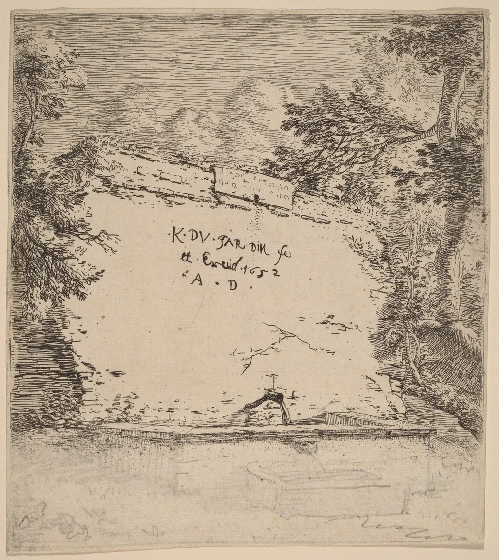 Title Page with Fountain, by Karel Dujardin, graphite, 1652